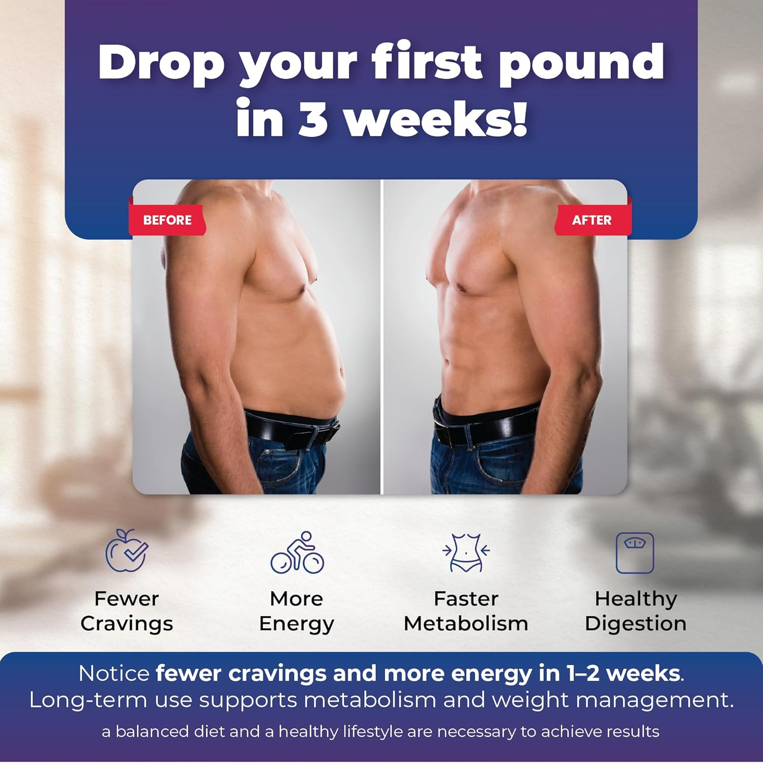 Before and after comparison showing fewer cravings, more energy, faster metabolism and healthy digestion